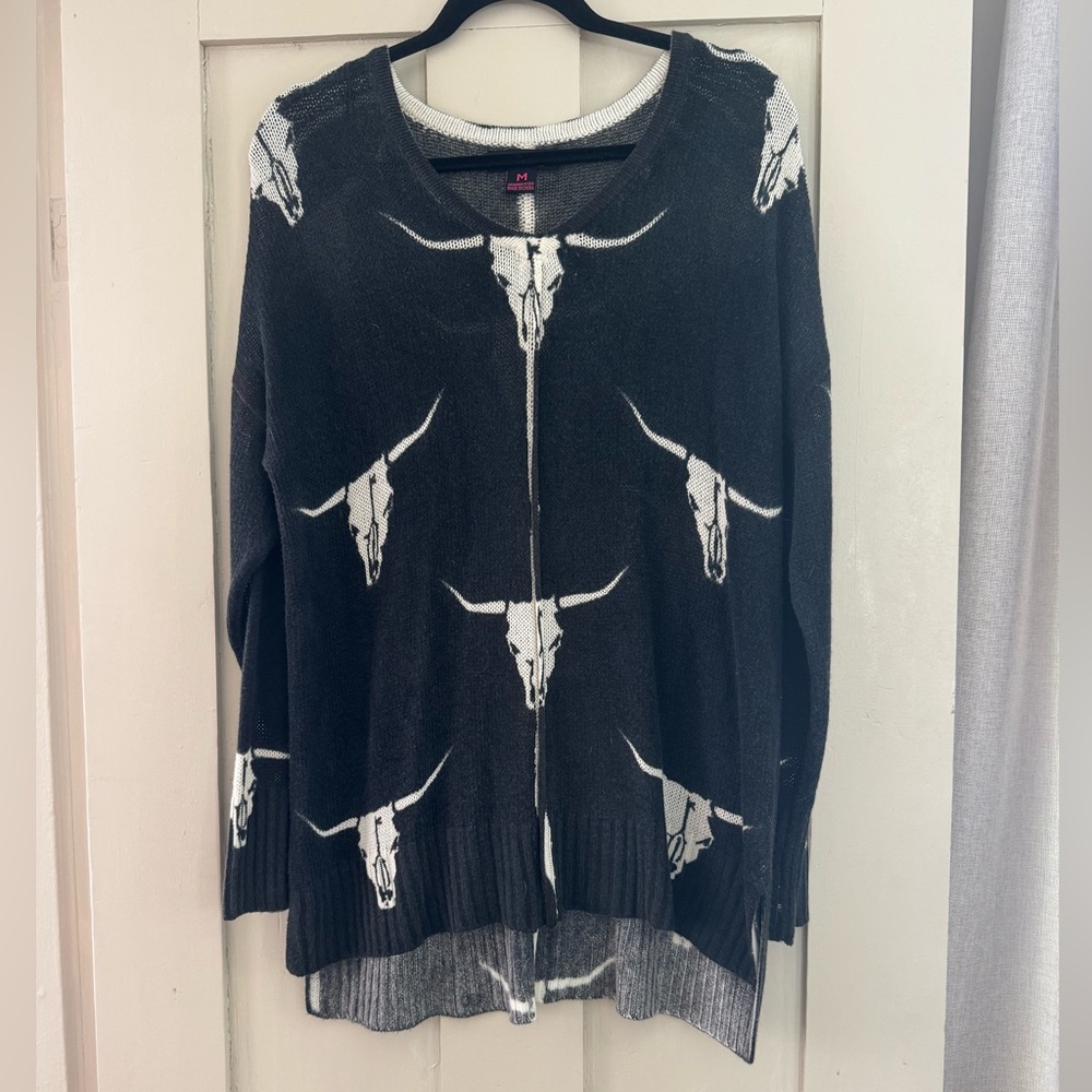 Rock & Roll Denim Black Skull Print Sweater | Western Boho | Size M
